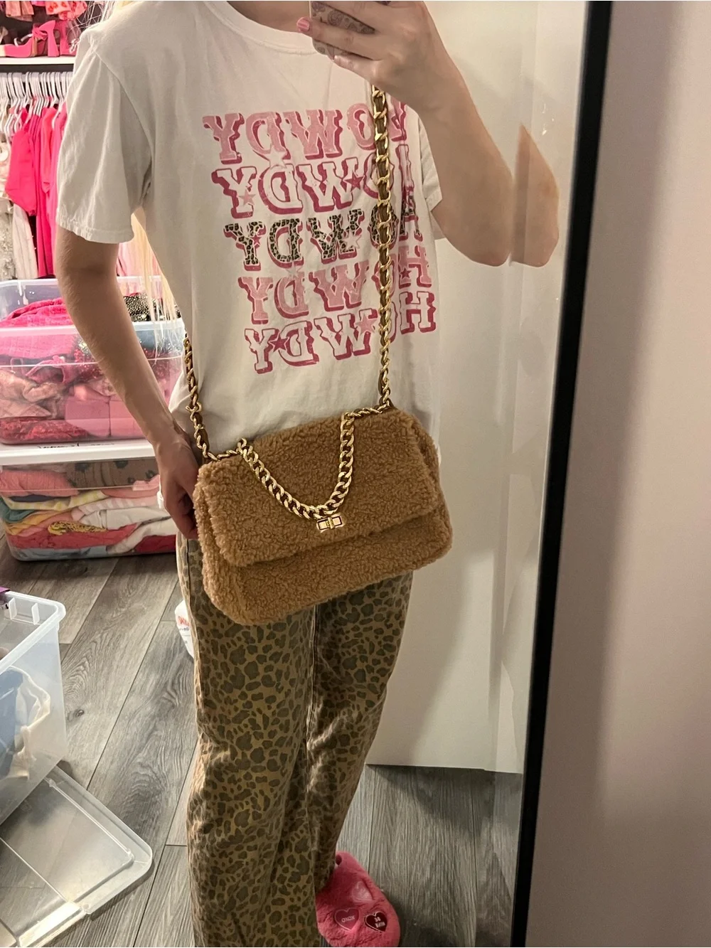 Teddy Faux-Shearling Chain Shoulder Bag - Brown